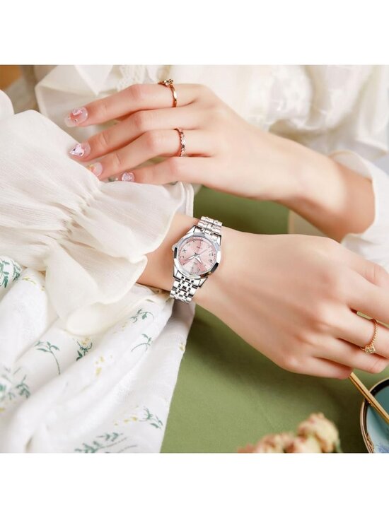 Women\'s Pink Dial Diamond Silver Stainless Steel Waterproof Elegant Luxury Watch main image 5
